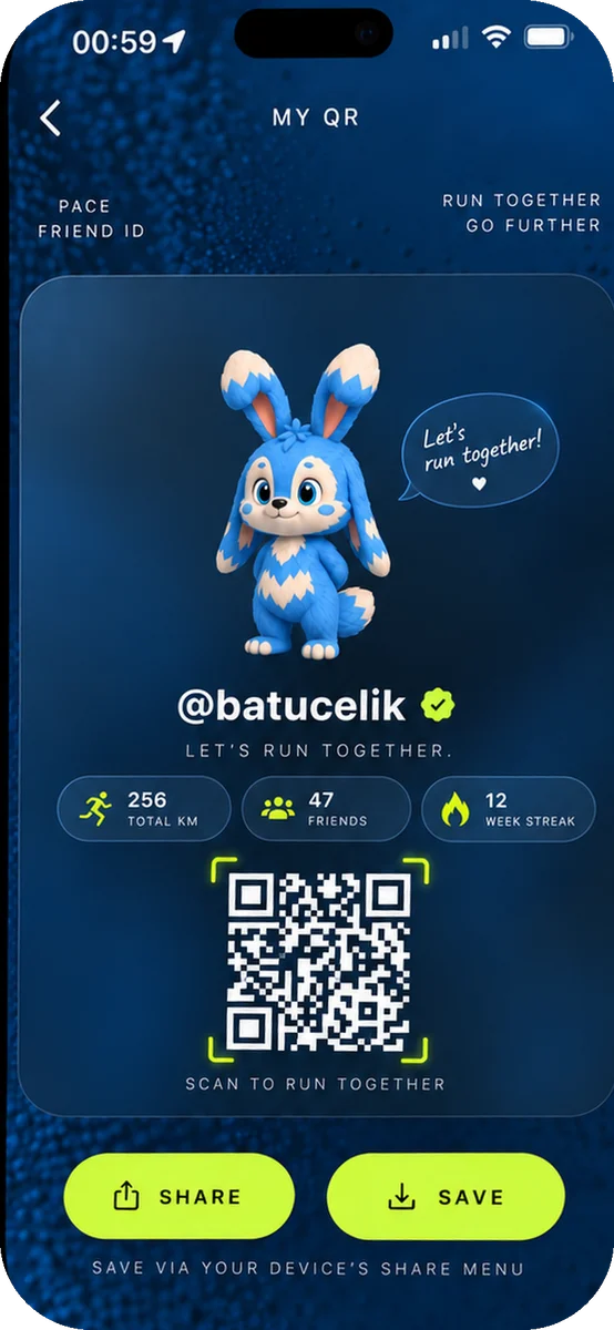 PACE friend card with a QR code for adding a friend.