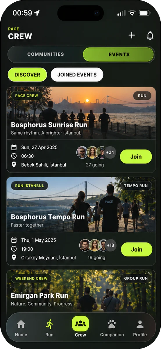 PACE community screen showing upcoming running events.