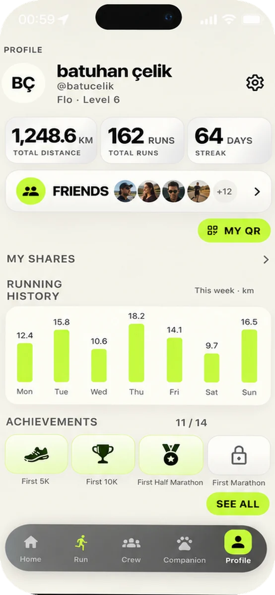 PACE profile screen showing running totals and achievements.
