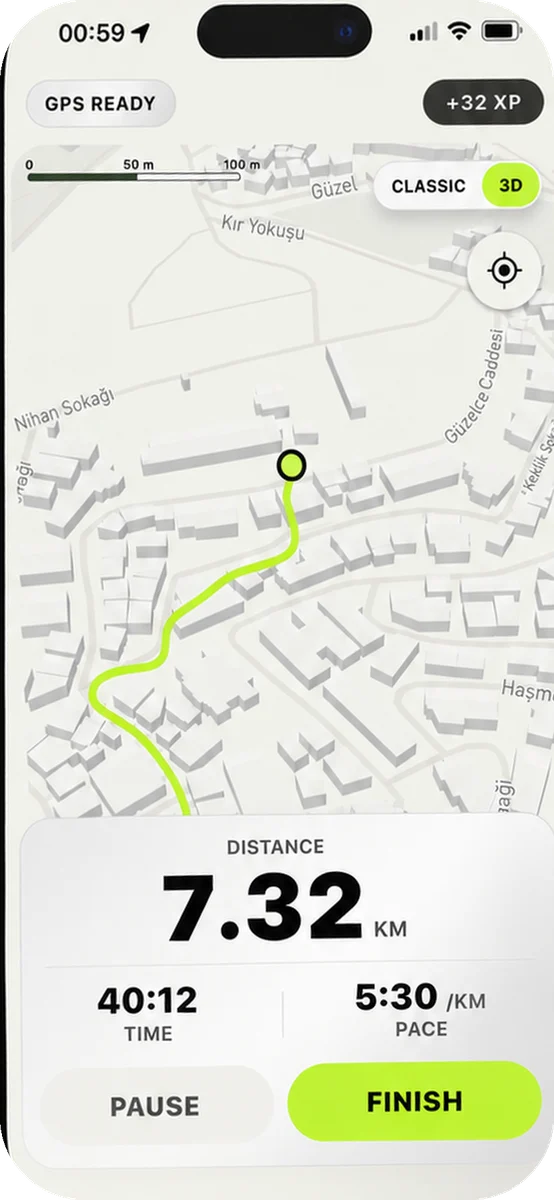 PACE run screen showing the route, distance and pace.